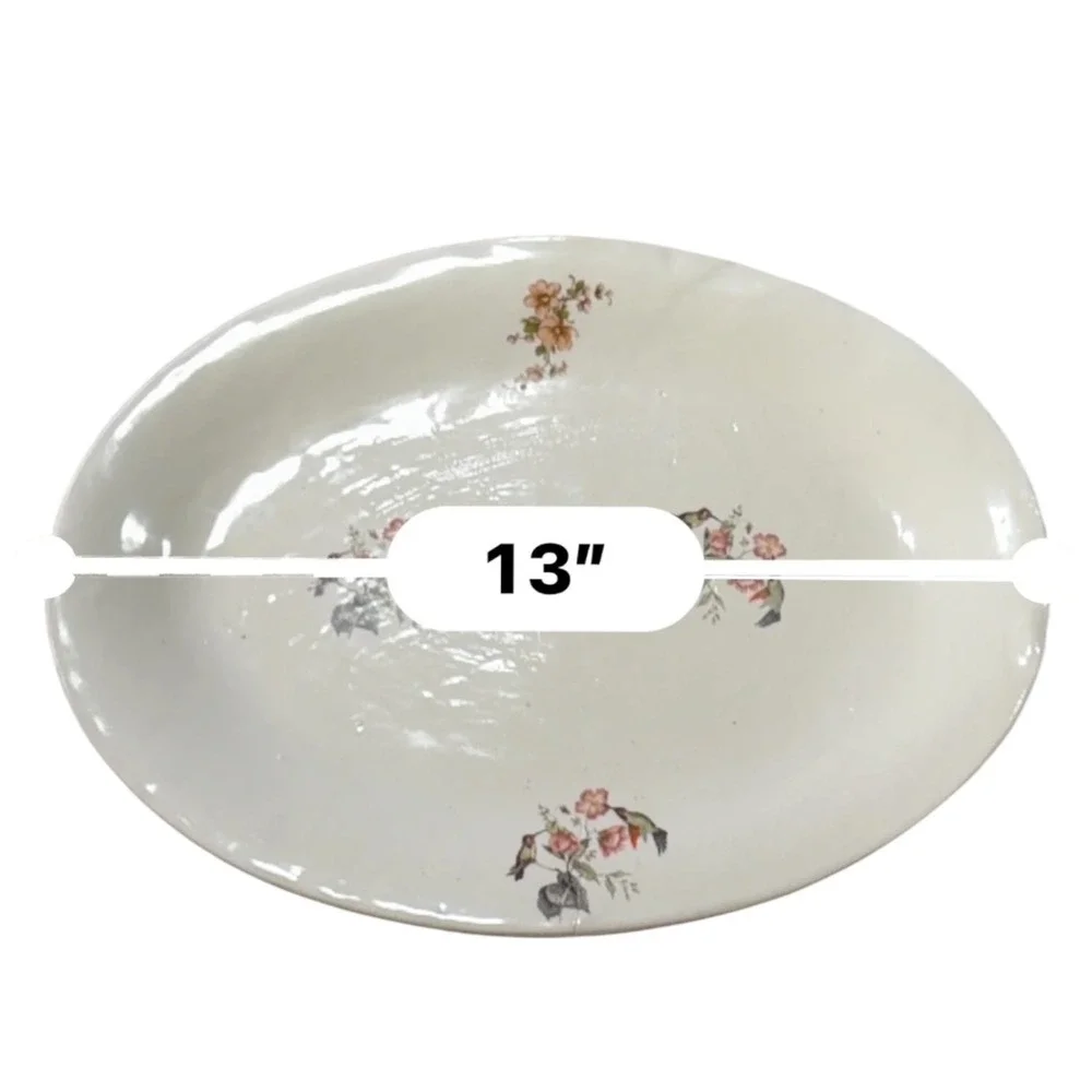 WHN Studio Pottery Hummingbird Floral Oval Serving Platter 13 Inch White 2012